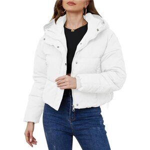 Womens Cropped Puffer Jacket Hooded Zip Up White